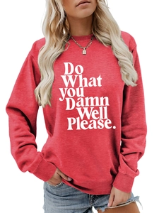 Detail of red crewneck sweatshirt with white slogan and ribbed cuffs for women