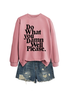 Pink crew neck sweatshirt with slogan and blue distressed denim shorts set