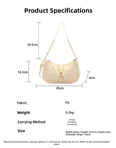 Detailed size chart for minimalist PU leather shoulder bag with chain and rivet details