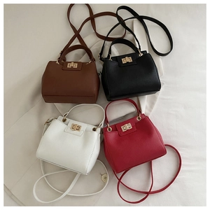 Vue détaillée à plat des sacs à main style Kelly en marron, noir, blanc et rouge avec boucle