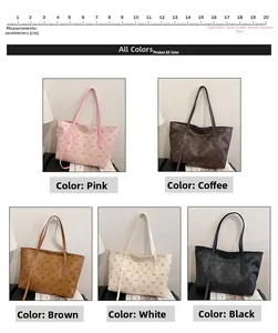 Collage of chic plaid tote bags in pink, brown, and black colors with a logo pattern