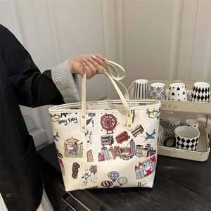 Sac Fourre-tout Imprimé Dessin Animé pour Femmes Grande Capacité Sac à Épaule en Cuir PU Motif Monuments de la Ville