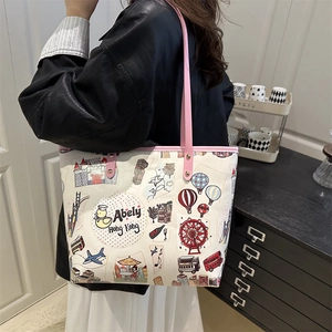 Grand sac cabas dessin animé mignon avec imprimés Hong Kong et bandoulières roses