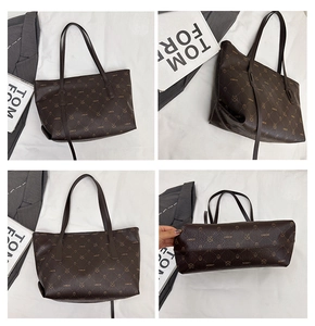 Detail view showing four angles of a deep brown plaid tote bag with slim shoulder straps