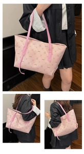 Detailed views of pink leather tote bag featuring bunny pattern and long shoulder straps
