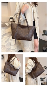 Detail of dark brown tote bag featuring bear monogram pattern and large capacity