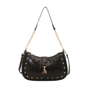 Retro black crescent hobo bag with gold studs and chain strap for women