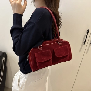Retro burgundy suede shoulder bag with dual front pockets for daily commute
