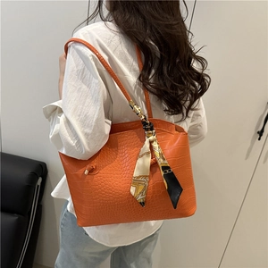 Women Large Tote Bag Crocodile Embossed PU Leather Shoulder Handbag With Decorative Printed Satin Scarf Fashion Bag