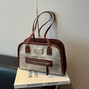 Women Fashion PU Leather Tote Bag Large Capacity Retro Splicing Shoulder Bag Casual Commute Handbag With Bear Pendant