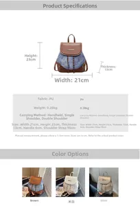Size chart showing 23x21x13cm dimensions and PU material for the mini backpack
