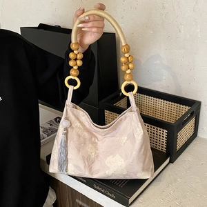 Sac À Épaule Femme Style Néo Chinois Vintage Tissu Jacquard Floral Poignée En Perles De Bois Gland Sac À Main Hobo