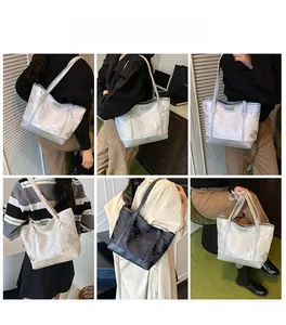 Detailed views of women's vintage floral and polka dot tote bags on models from different angles