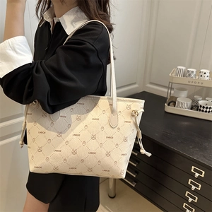 Chic off-white leather tote bag with letter print and rabbit pattern for daily commute