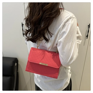 Détail du sac rouge rose à texture tressée avec bandoulière chaîne sur un modèle
