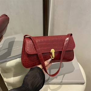 Sac Sous le Bras en Cuir PU à Motif Crocodile Vintage Français pour Femmes Sac Baguette à la Mode avec Serrure en Métal Doré