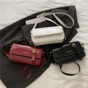 Glossy patent leather small square shoulder bags in white, red and black colors