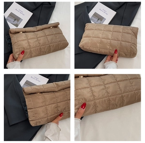 Detailed views of khaki quilted nylon clutch showing texture, flap and thickness