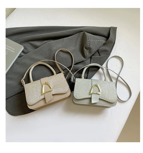Close-up of glitter sequins and gold horseshoe metal buckles on stylish square handbags