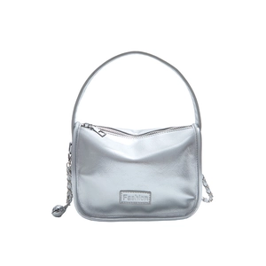 Silver metallic leather pillow bag with chain strap and Fashion label for women