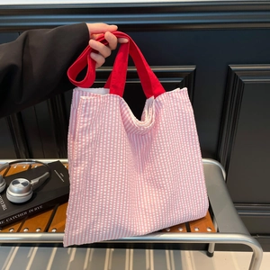 Women Korean Style Canvas Tote Bag Checkered Striped Large Capacity Casual Shoulder Bag Shopping Travel Eco Friendly Handbag
