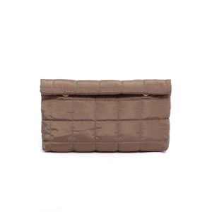 Brown quilted nylon flap bag with square stitching and subtle gold hardware