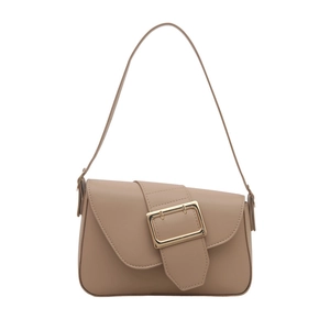 Minimalist khaki shoulder bag with a stylish gold square buckle and leather texture