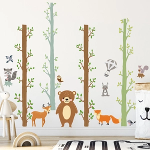 Forest animal wall decal set with brown bear fox and trees for nursery decor