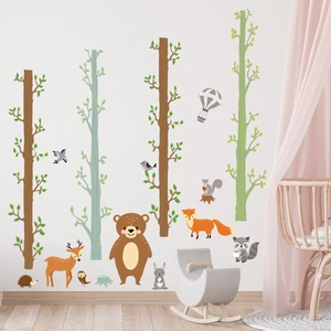 Forest animal wall decal set with bear, deer and trees for cozy nursery wall decoration