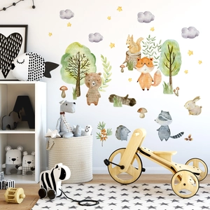 Forest animals wall stickers with watercolor bear, fox, and trees for nursery decoration