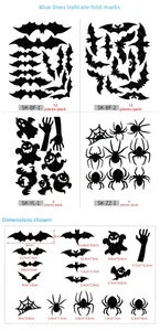 3D Halloween wall stickers with fold lines for bats and ghosts, size guide and set details