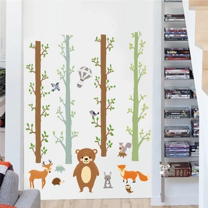 Detailed view of forest animal wall decals featuring bear and trees in kids room decor