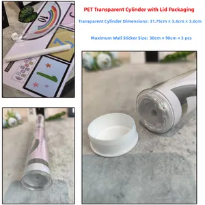 Détail du tube d'emballage en PET transparent contenant des stickers muraux animaux colorés