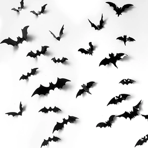 Detailed view of 3D black bat wall stickers with foldable wings for Halloween decoration