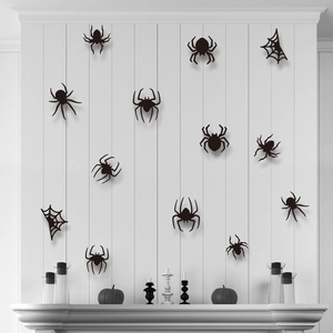 3D black spider wall decals and cobwebs on white background for Halloween home decor