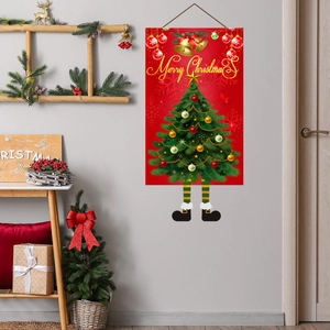 Κρεμαστό πανό Merry Christmas με δέντρο και πόδια ξωτικού για εορταστική διακόσμηση τοίχου