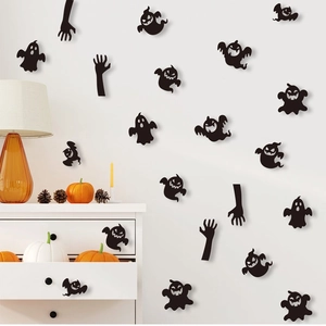 3D Halloween wall stickers featuring black ghost silhouettes and zombie hands on a white wall