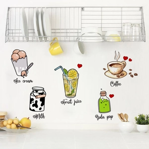 Maquette de stickers muraux de cuisine avec icônes de café, lait et glace dessinées à la main