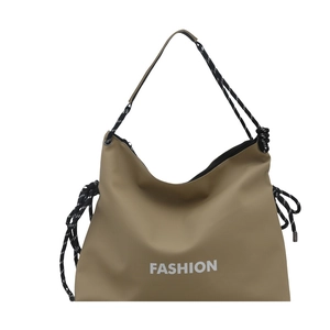 Large khaki commuter tote bag with FASHION print and woven rope shoulder strap