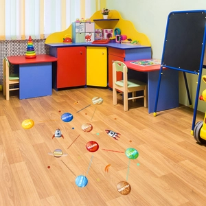 Solar system planet floor stickers set with cartoon rocket for kids room decor