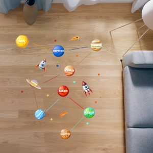 Cartoon space theme planet floor stickers set on light wood background for kids room