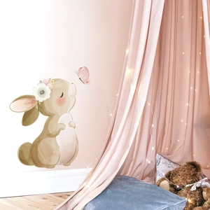 Watercolor cartoon rabbit and pink butterfly wall sticker for nursery or kid's bedroom decor