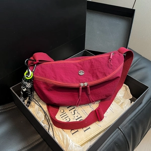 Lightweight Oxford Fabric Half Moon Crossbody Bag For Women Sporty Dumpling Chest Bag With Detachable Braided Pendant