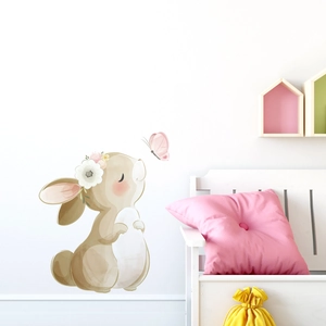 Cartoon rabbit and pink butterfly wall sticker set for kids room nursery decoration