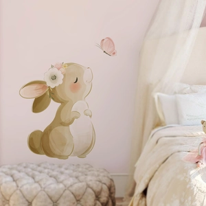 Watercolor bunny with flower crown and pink butterfly wall sticker for nursery decor