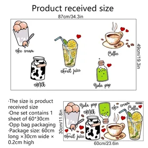 Stickers muraux cuisine avec motifs café et glace et guide des dimensions complet