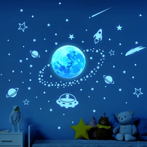 Luminous solar system wall stickers featuring blue glowing moon, stars and rockets in dark