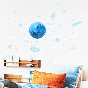 Leuchtende blaue Mond und Sterne Weltraum Wandtattoo Set für Kinderzimmer Deko