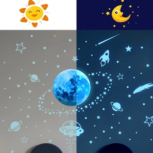 Leuchtende Planeten-Wandsticker im Tag-Nacht-Vergleich mit blauem Leuchteffekt