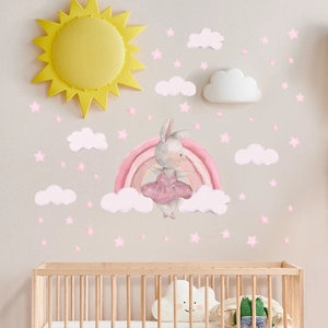 Stickers Muraux Nuage Arc-En-Ciel Lapin Rose Pour Chambre Enfants Filles Crèche DIY PVC Animal Décoration